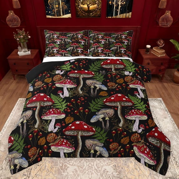 Feelyou Cartoon Red Mushroom Queen Comforter Set, Jungle Leaves Plant Bedding Sets, Teesn Kids Boys Girls Reversible Bedding Comforter Set, Breathable Home Decor, 3pcs