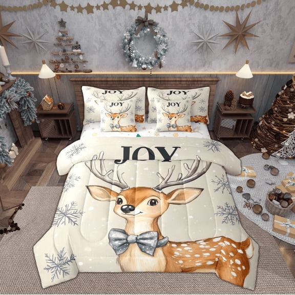Feelyou Cartoon Reindeer Bedding Comforter Set 7 Pieces, Christmas Snowflake Full Bedding Set, Cute Deer Animal Reversible Fitted Sheet Flat Sheet, Luxury Bedroom Decor