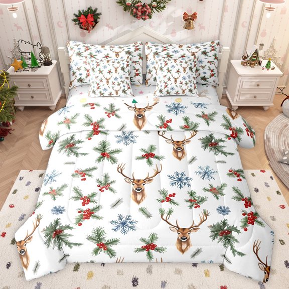 Feelyou Cartoon Reindeer Child Bedding Comforter Set 7 Pieces, Jungle Leaf Botanical Full Bedding Set, Christmas Snowflake Print Reversible Fitted Sheet Flat Sheet, Super Cozy Room Decor