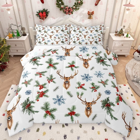 Feelyou Cartoon Reindeer Child Queen Comforter Set, Christmas Leaf Botanical Bedding Sets, 3 Pieces