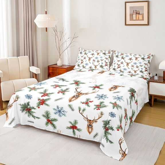 Feelyou Cartoon Reindeer Child Twin Sheet Sets, Jungle Leaf Botanical Twin Fitted Sheet, Christmas Snowflake Print Flat Sheet, Super Cozy Room Decor, 3 Pieces