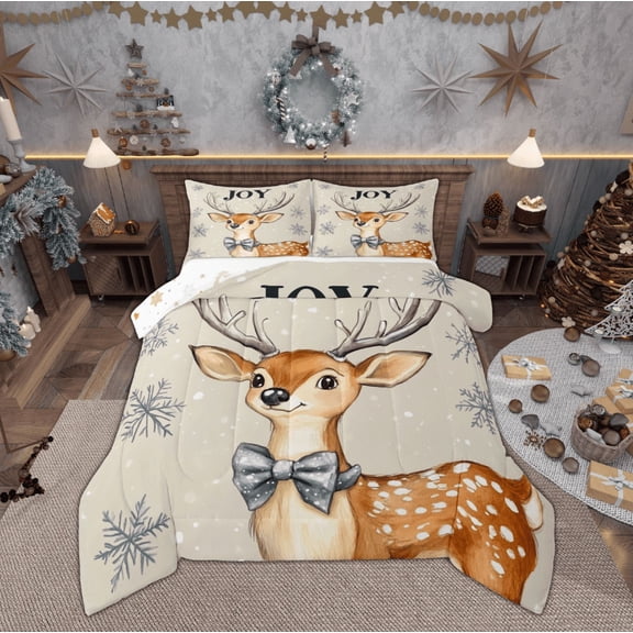 Feelyou Cartoon Reindeer Full Size Comforter Sets, Christmas Snowflake Bedding Comforter Set, Cute Deer Animal Reversible Bedding Sets, Luxury Bedroom Decor,3-Piece