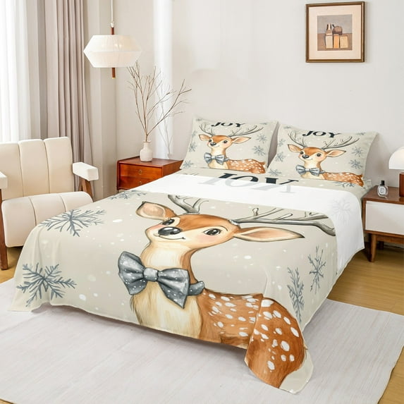Feelyou Cartoon Reindeer Twin Sheet Sets, Christmas Snowflake Twin Fitted Sheet, Cute Deer Animal Flat Sheet, Luxury Bedroom Decor,3-Piece