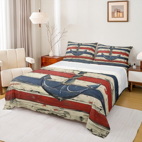Feelyou Cartoon Retro Anchor Twin Sheet Sets, Blue Red Stripes Twin Fitted Sheet, Oil Printing Artwork Flat Sheet, Ultra Soft Home Decor, 3pcs