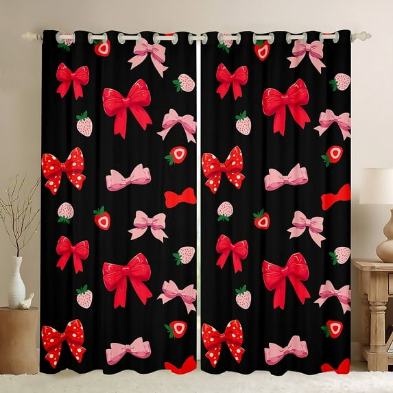 Feelyou Cartoon Ribbon Bow Black Out Curtains for Kids, Black Pink Bowknot Curtains Pack of 2 (42x63 Each), Kawaii Strawberry Bedroom Curtains, Window Curtains Home Decor