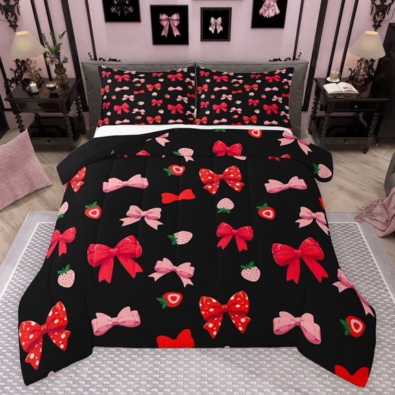 Feelyou Cartoon Ribbon Bow Queen Comforter Set for Kids, Black Pink Bowknot Bedding Sets, Kawaii Strawberry Reversible Bedding Comforter Set, Breathable Home Decor, 3 Pieces