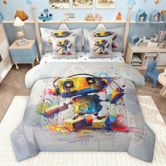 Feelyou Cartoon Robot Bedding Comforter Set 7pcs, Yellow Splatter Splash Full Bedding Set