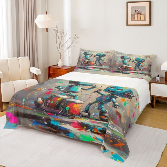 Feelyou Cartoon Robot Kid Twin Sheet Sets, Graffiti Splatter Splash Bedding, 3-Piece