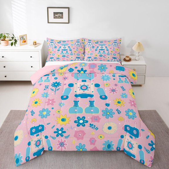Feelyou Cartoon Robot Teens Queen Comforter Set, Floral Flower Bedding Comforter Set, 3pcs