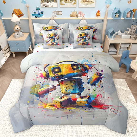 Feelyou Cartoon Robot Twin Bedding Sets 7pcs, Yellow Splatter Splash Bedding Comforter Set