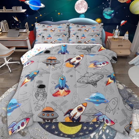 Feelyou Cartoon Rocket Boys Twin Comforter Sets, Spaceship Planet Bedding Set, 2-Piece