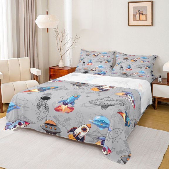 Feelyou Cartoon Rocket Boys Twin Sheet Sets, Spaceship Planet Bedding, 3-Piece