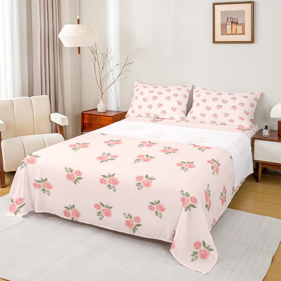 Feelyou Cartoon Romantic Rose Full Size Sheets, Pink Flower Floral Bed Sheets, Happy Valentines Day Sheet Sets, Ultra Soft Home Decor, 4-Piece