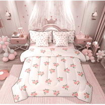 Feelyou Cartoon Romantic Rose Twin Bedding Sets 7-Piece, Pink Flower Floral Bedding Comforter Set, Happy Valentines Day Reversible Sheet Sets, Ultra Soft Home Decor