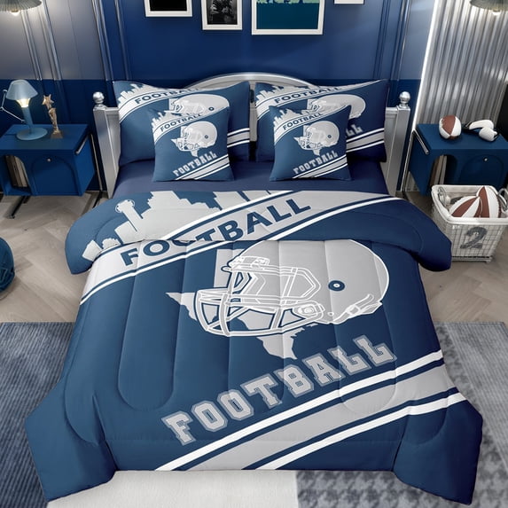 Feelyou Cartoon Rugby Athlete Bedding Comforter Set 7pcs, Navy Grey Stripe Line Queen Bedding Sets, Est Sleep Sports Soccer Reversible Queen Sheet Sets, Lightweight Room Decor