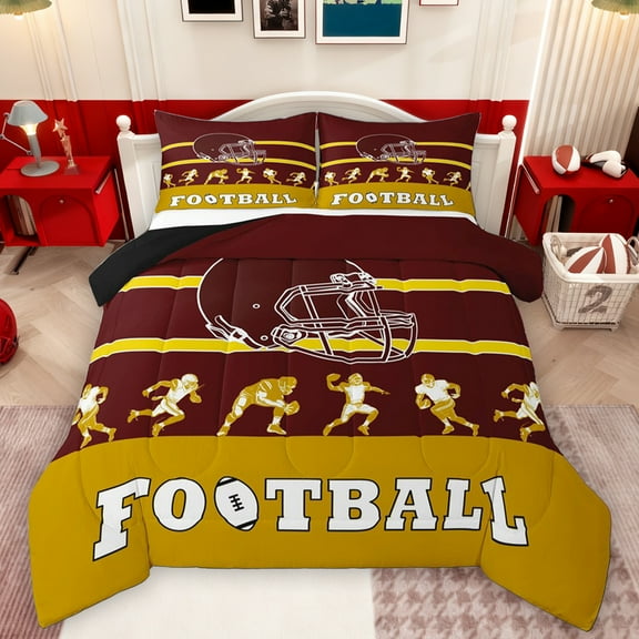 Feelyou Cartoon Rugby Athlete Bedding Comforter Set, Brown Gold Stripe Line Twin Comforter Sets, Est Sleep Sports Soccer Reversible Bedding Set, Lightweight Room Decor, 2pcs