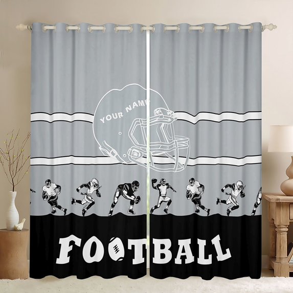 Feelyou Cartoon Rugby Athlete Black Out Curtains, Grey Black Stripe Line Curtains Pack of 2 (42x63 Each), Est Sleep Sports Soccer Bedroom Curtains, Blackout Curtains Room Decor