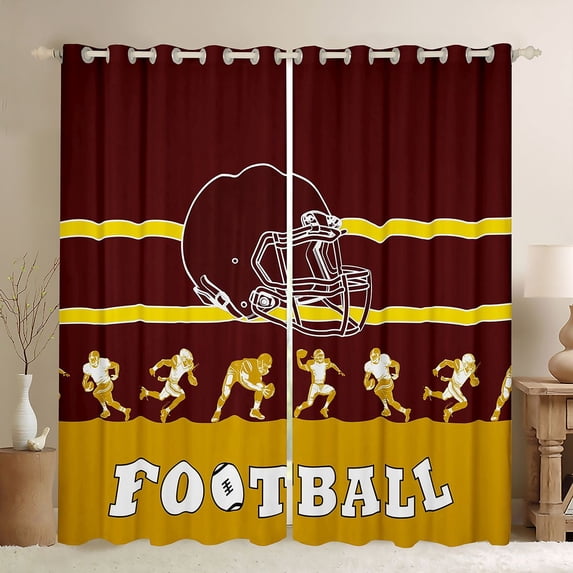 Feelyou Cartoon Rugby Athlete Blackout Curtains Set of 2 (52x84 Each), Brown Gold Stripe Line Window Curtains, Est Sleep Sports Soccer Curtains and Drapes, Blackout Curtains Room Decor