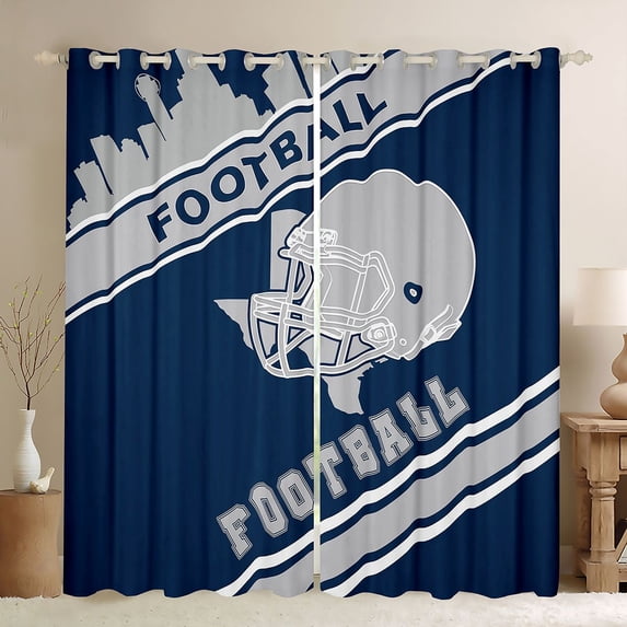 Feelyou Cartoon Rugby Athlete Blackout Curtains Set of 2 (52x84 Each), Navy Grey Stripe Line Window Curtains, Est Sleep Sports Soccer Curtains and Drapes, Blackout Curtains Room Decor