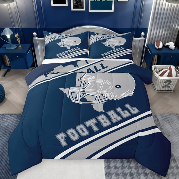 Feelyou Cartoon Rugby Athlete Full Size Comforter Sets, Navy Grey Stripe Line Bedding Comforter Set, Est Sleep Sports Soccer Reversible Bedding Sets, Lightweight Room Decor, 3-Piece