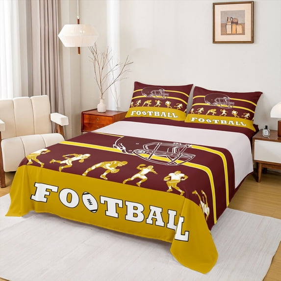 Feelyou Cartoon Rugby Athlete Full Size Sheets, Brown Gold Stripe Line Bed Sheets, Est Sleep Sports Soccer Sheet Sets, Lightweight Room Decor, 4pcs