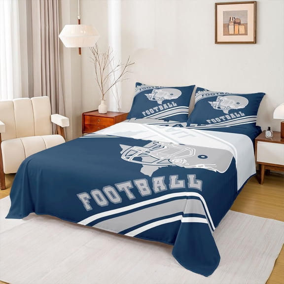 Feelyou Cartoon Rugby Athlete Twin Sheet Sets, Navy Grey Stripe Line Twin Fitted Sheet, Est Sleep Sports Soccer Flat Sheet, 3-Piece