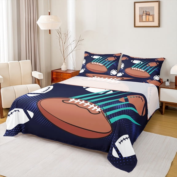 Feelyou Cartoon Rugby Boys Twin Sheet Sets, Art Graffiti Lines Twin Fitted Sheet, Video Football Game Flat Sheet, Ultra Soft Bedroom Decor, 3-Piece