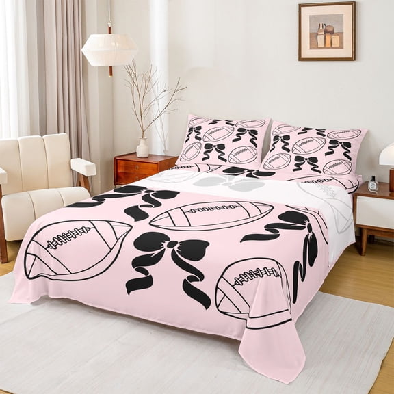 Feelyou Cartoon Rugby Football Full Size Sheets, Pink Bowknot Teens Bed Sheets, 4-Piece