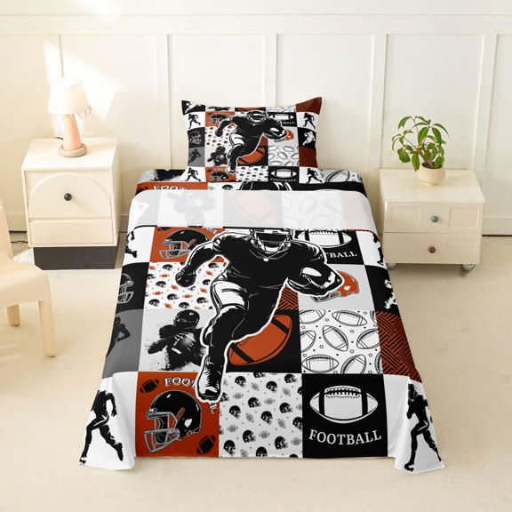 Feelyou Cartoon Rugby Football Twin Sheets for Boys, Grid Patchwork Sport Bedding, 3 Pieces, 1 Flat Sheet, 1 Fitted Sheet and 1 Pillowcase