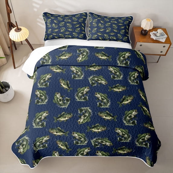 Feelyou Cartoon Rustic Bass Fish Bed Spread Queen for Men Boys, Lake Fishing Animal Queen Coverlet Set, Navy, 3 Pieces