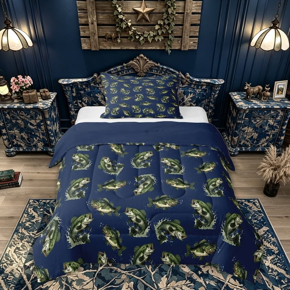 Feelyou Cartoon Rustic Bass Fish Twin Comforter Sets for Men Boys, Lake Fishing Animal Bedding Set, Navy, Blue Reversible, 2 Pieces