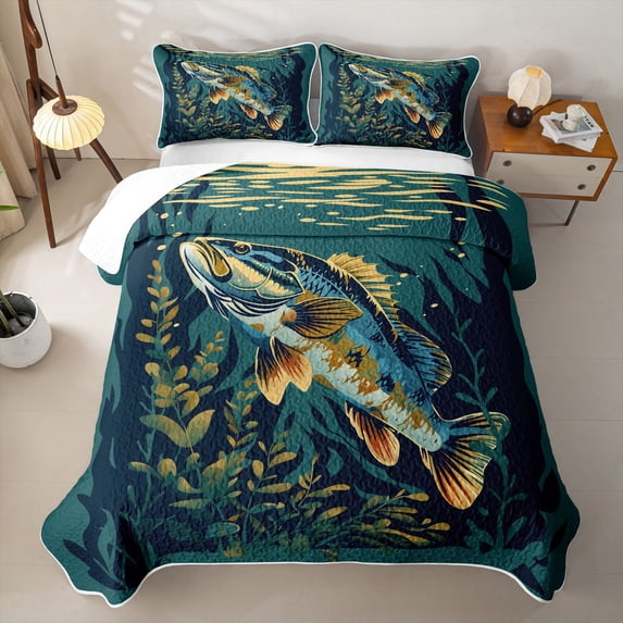 Feelyou Cartoon Rustic Bass Fish Twin Quilt Set for Men Boys, Rustic Fishing Lake Animal Twin Coverlet Set, Green, 2pcs