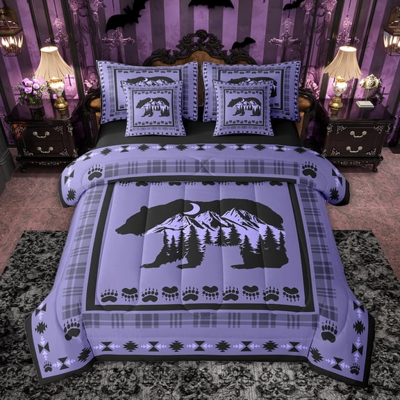 Feelyou Cartoon Rustic Bear Bedding Comforter Set 7pcs for Kids, Purple Bohemian Aztec King Bedding Sets, Rustic Lodge Cabin Reversible Bed Sheets, Luxury Bedroom Decor