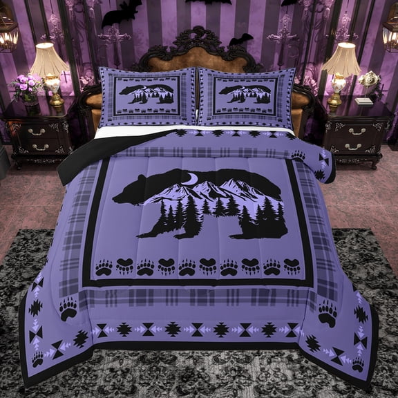 Feelyou Cartoon Rustic Bear Queen Comforter Set for Kids, Purple Bohemian Aztec Bedding Sets, Rustic Lodge Cabin Reversible Bedding Comforter Set, Luxury Bedroom Decor, 3-Piece