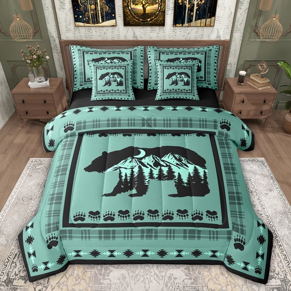 Feelyou Cartoon Rustic Bear Twin Bedding Sets 7-Piece for Kids, Green Western Boho Aztec Bedding Comforter Set, Rustic Lodge Cabin Reversible Sheet Sets, Super Cozy Room Decor