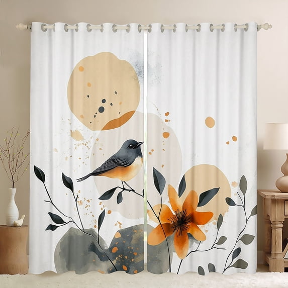 Feelyou Cartoon Rustic Bird Blackout Curtains Set of 2 (52x84 Each), Branches Botanical Window Curtains, Tokyo Style Moon Curtains and Drapes, Window Curtains Room Decor