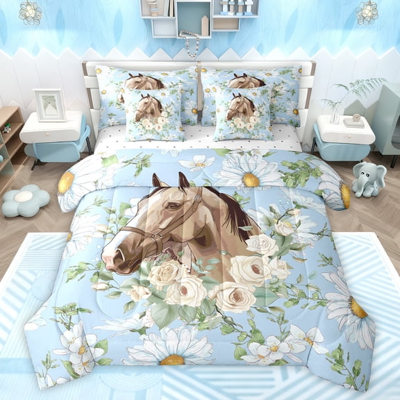 Feelyou Cartoon Rustic Horse Twin Bedding Sets 7-Piece, Romantic Rose Floral Blue Bedding Comforter Set, French Fashion Style Sheet Sets, Breathable Home Decor