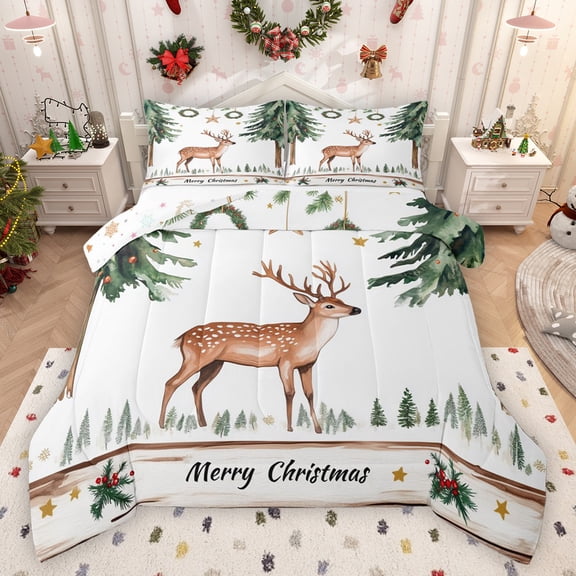 Feelyou Cartoon Rustic Reindeer Bedding Comforter Set for Teens, Pine Tree Botanical Twin Comforter Sets, Merry Christmas Reversible Bedding Set, Ultra Soft Bedroom Decor, 2 Pieces