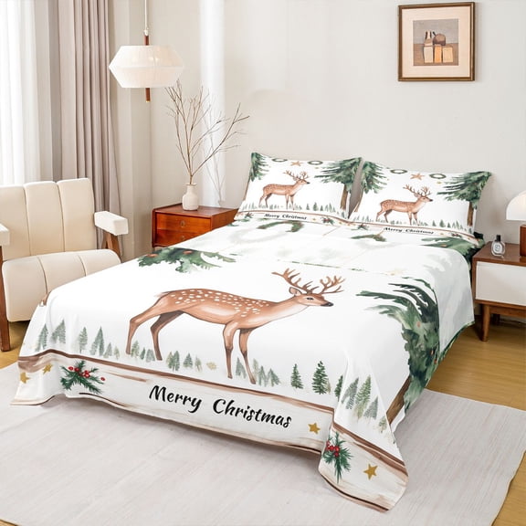 Feelyou Cartoon Rustic Reindeer Full Size Sheets for Teens, Pine Tree Botanical Bed Sheets, Merry Christmas Sheet Sets, Ultra Soft Bedroom Decor, 4 Pieces