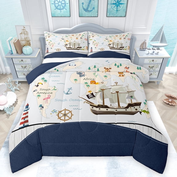 Feelyou Cartoon Sailboat Queen Comforter Set, Ocean Adventure Explorer Bedding Sets, Teens Kids Boys Girls Reversible Bedding Comforter Set, Super Cozy Room Decor, 3 Pieces