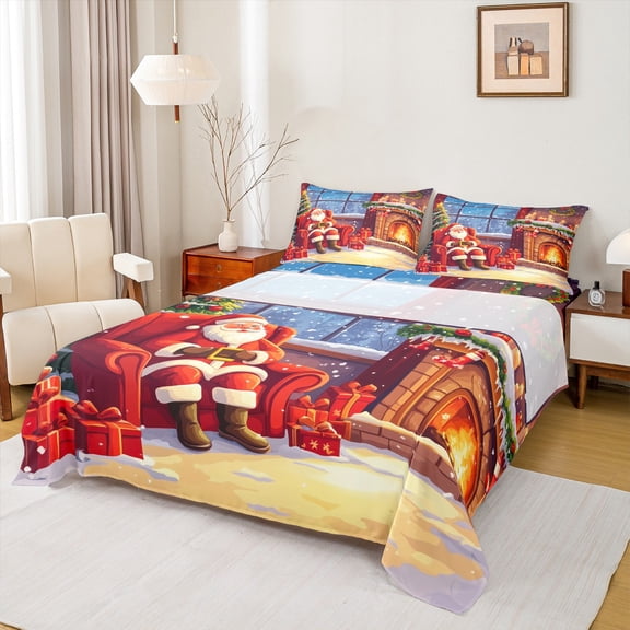 Feelyou Cartoon Santa Claus Twin Sheet Sets, Winter Rustic Cabin Twin Fitted Sheet, Merry Christmas Flat Sheet, Super Cozy Room Decor, 3pcs