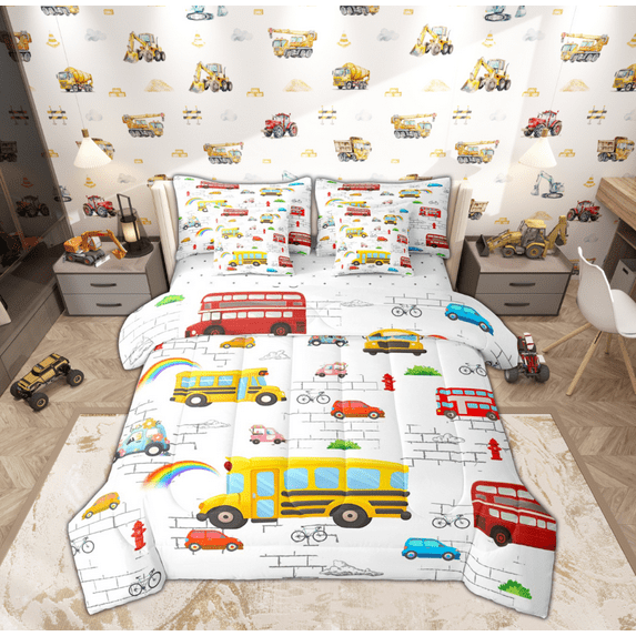 Feelyou Cartoon School Bus Bedding Comforter Set 7-Piece, Transportation Vehicle King Bedding Sets, Yellow Public Truck Bed Sheets, Ultra Soft Home Decor
