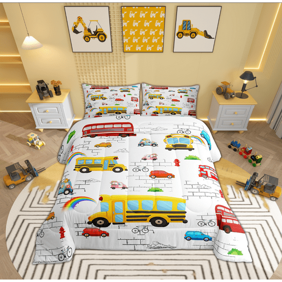Feelyou Cartoon School Bus Full Size Comforter Sets, Transportation Vehicle Bedding Comforter Set, Yellow Public Truck Bedding Sets, Ultra Soft Home Decor, 3-Piece