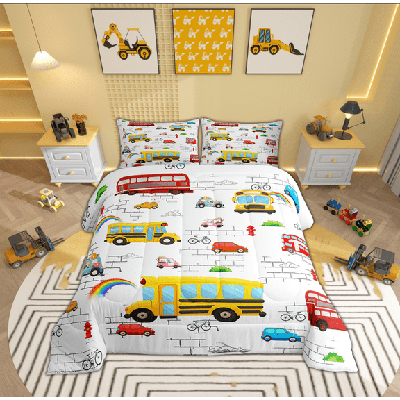 Feelyou Cartoon School Bus Queen Comforter Set, Transportation Vehicle Bedding Sets, Yellow Public Truck Bedding Comforter Set, Ultra Soft Home Decor, 3-Piece