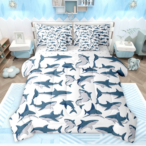 Feelyou Cartoon Sea Shark Bedding Comforter Set 7pcs, Cute Marine Animal King Bedding Sets