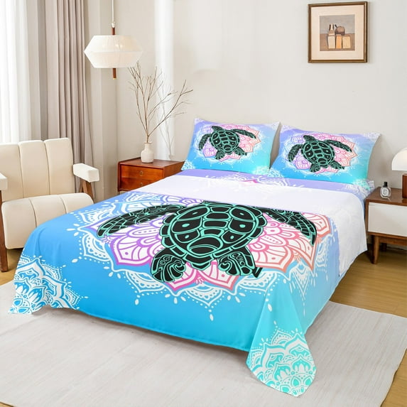Feelyou Cartoon Sea Turtle Bed Sheets, Bohemian Blue Damask Flower King Sheets, Teens Kids Boys Girls Sheet Set, Super Cozy Room Decor, 4pcs