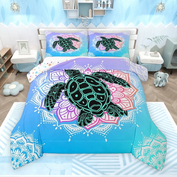 Feelyou Cartoon Sea Turtle Bedding Comforter Set, Bohemian Blue Damask Flower Twin Comforter Sets, Teens Kids Boys Girls Reversible Bedding Set, Super Cozy Room Decor, 2pcs