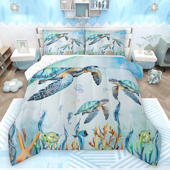 Feelyou Cartoon Sea Turtle Bedding Comforter Set, Cute Ocean Fish Sealife Twin Comforter Sets, Teens Kids Boys Girls Reversible Bedding Set, Super Cozy Room Decor, 2pcs