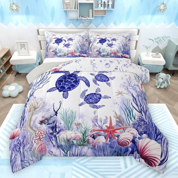 Feelyou Cartoon Sea Turtle Bedding Comforter Set, Kawaii Ocean Animal Twin Comforter Sets, Seashell Starfish Coral Reversible Bedding Set, Breathable Home Decor, 2pcs