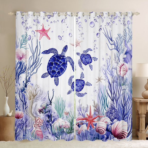 Feelyou Cartoon Sea Turtle Black Out Curtains, Kawaii Ocean Animal Curtains Pack of 2 (42x63 Each), Seashell Starfish Coral Bedroom Curtains, Blackout Curtains Home Decor